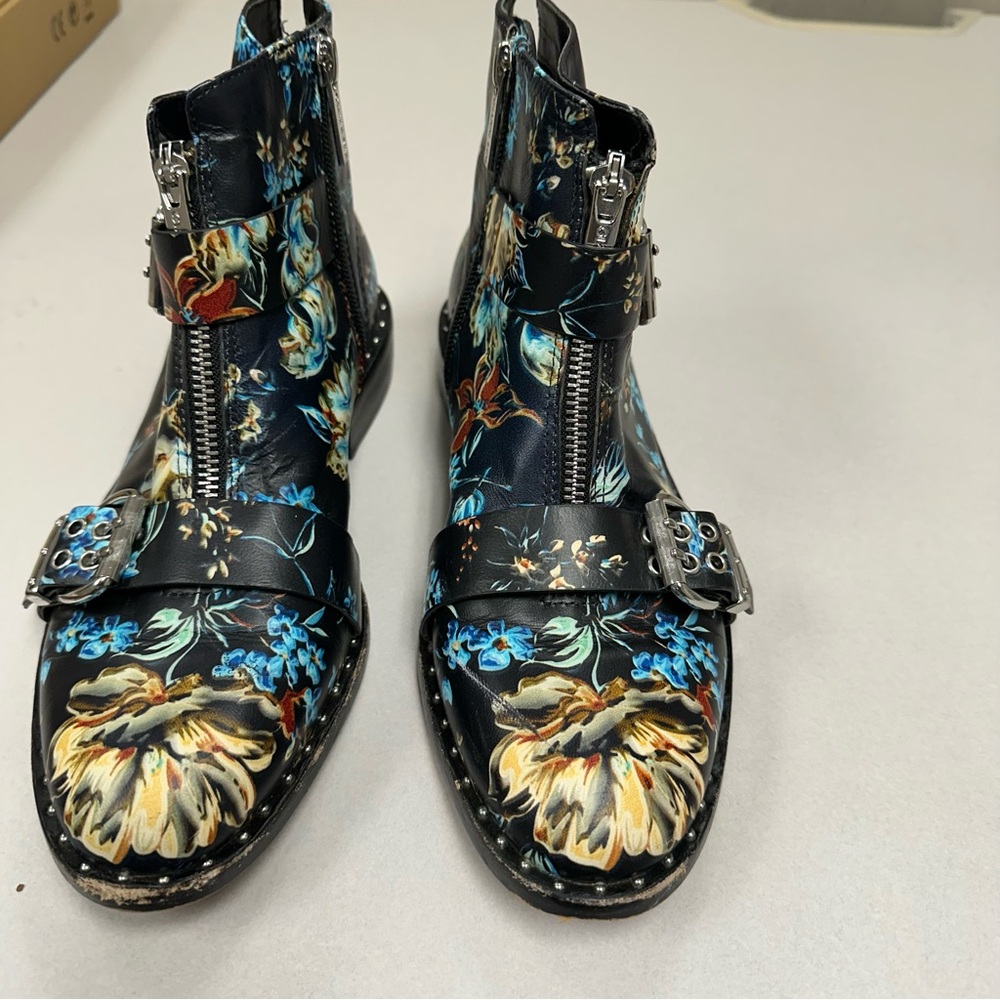 Gianni Bini Black Floral Leather Ankle Boots with Blue & Cream Accents